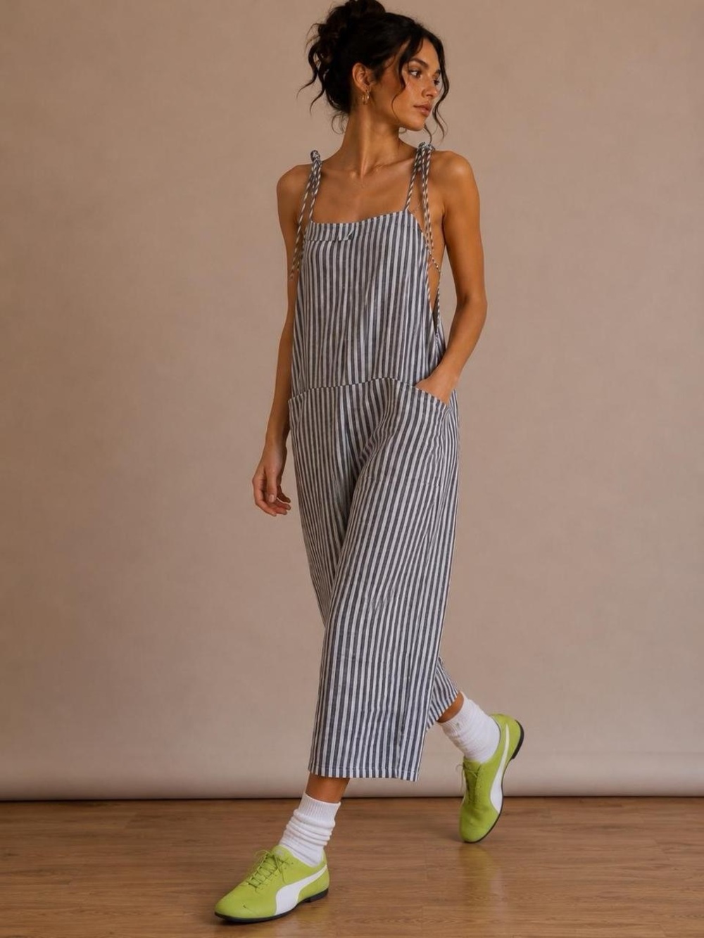 Striped Tie-Shoulder Wide-Leg Jumpsuit - Gray/White